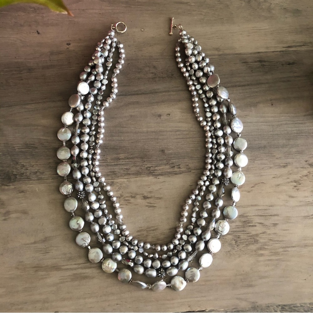 Lucas Lameth 5 layer graduated strand pearls sterling silver pearl necklace 925
